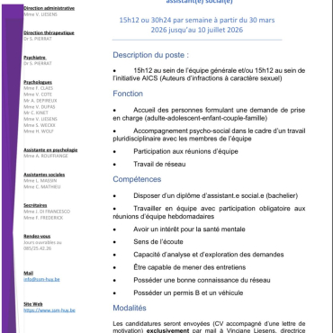 OFFRE D’EMPLOI : Assistant(e) social(e) pour un remplacement