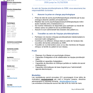 OFFRE D’EMPLOI : Psychologu(e) pour un remplacement